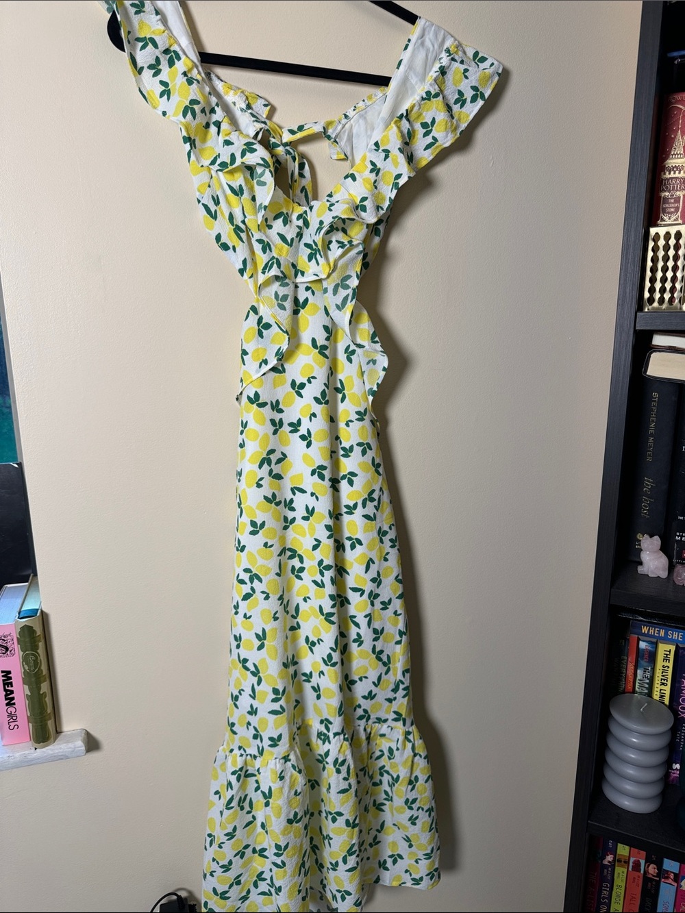 White Maxi Dress with Yellow Lemon Print and Ruffle Trim - Women